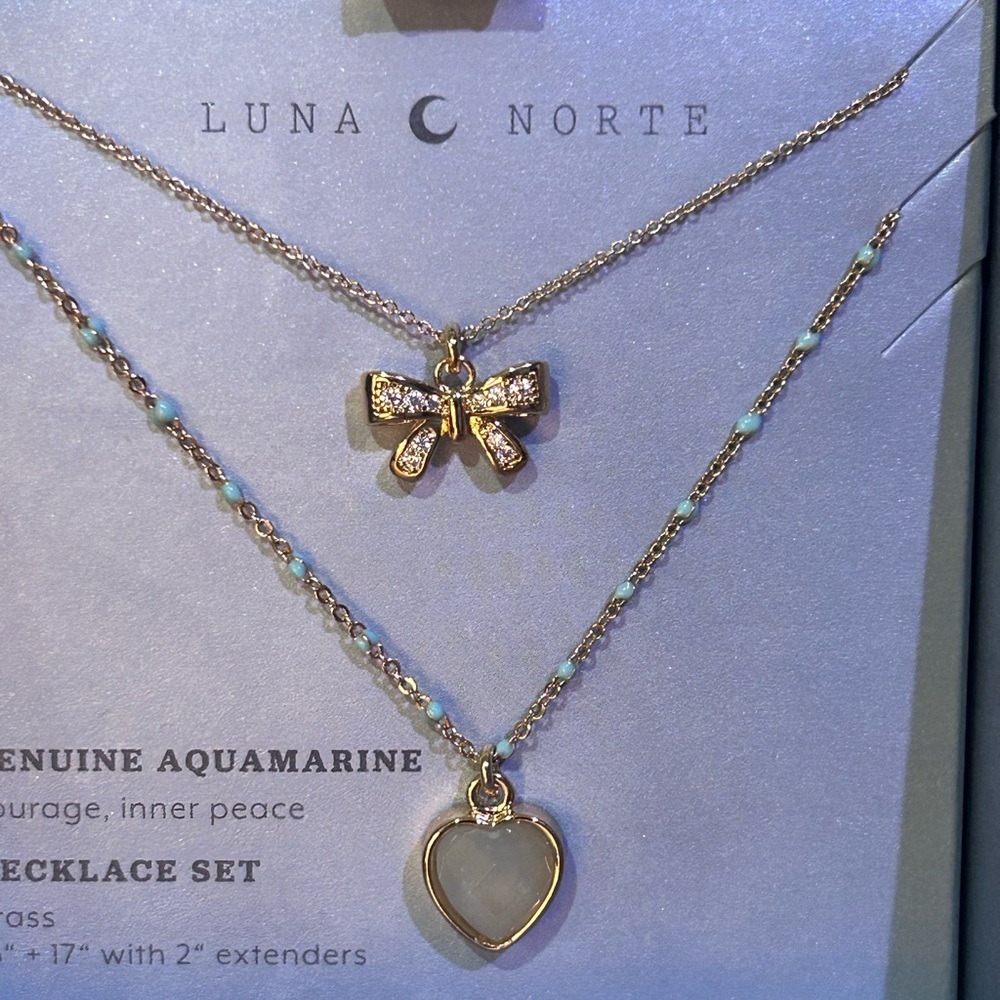 LUNA NORTE Bow And Heart Charm Necklace Set With Genuine Aquamarine NWTS - Picture 11 of 12